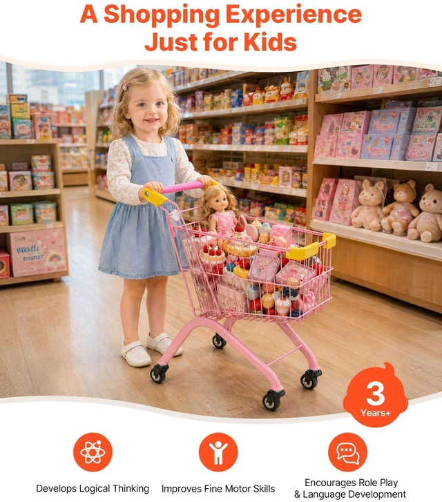 Alt view image 2 of 8 - VEVOR Shopping Cart for Kids, Sturdy Steel Frame, Grocery Store Pretend Play Toy with Wheels, Dense Mesh Basket, Toy Shopping Cart Trolley, Foldable Design, Flip-Open Back, for Kids & Toddlers Ages 3+