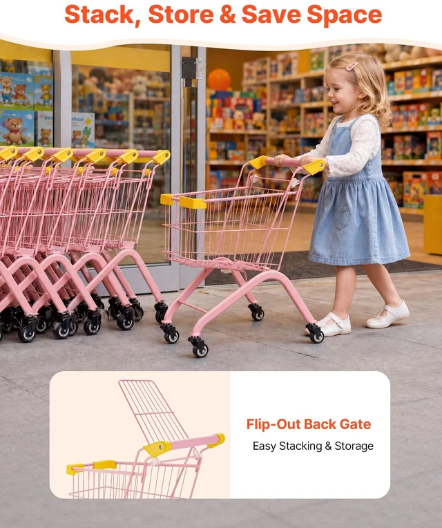 Alt view image 6 of 8 - VEVOR Shopping Cart for Kids, Sturdy Steel Frame, Grocery Store Pretend Play Toy with Wheels, Dense Mesh Basket, Toy Shopping Cart Trolley, Foldable Design, Flip-Open Back, for Kids & Toddlers Ages 3+