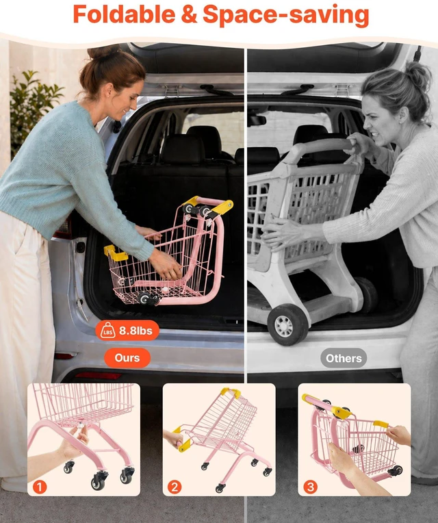 Alt view image 7 of 8 - VEVOR Shopping Cart for Kids, Sturdy Steel Frame, Grocery Store Pretend Play Toy with Wheels, Dense Mesh Basket, Toy Shopping Cart Trolley, Foldable Design, Flip-Open Back, for Kids & Toddlers Ages 3+
