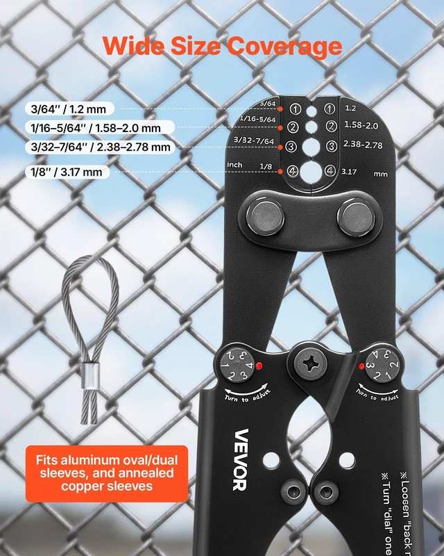 Alt view image 2 of 8 - VEVOR Crimping Tool, 3/64" - 1/8" Steel Wire Rope Crimper, with Clear Metric and Imperial Markings, Adjustable Force, Crimp Pliers for Aluminum Oval and Dual Sleeves, and Annealed Copper Sleeves
