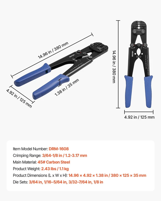 Alt view image 7 of 8 - VEVOR Crimping Tool, 3/64" - 1/8" Steel Wire Rope Crimper, with Clear Metric and Imperial Markings, Adjustable Force, Crimp Pliers for Aluminum Oval and Dual Sleeves, and Annealed Copper Sleeves