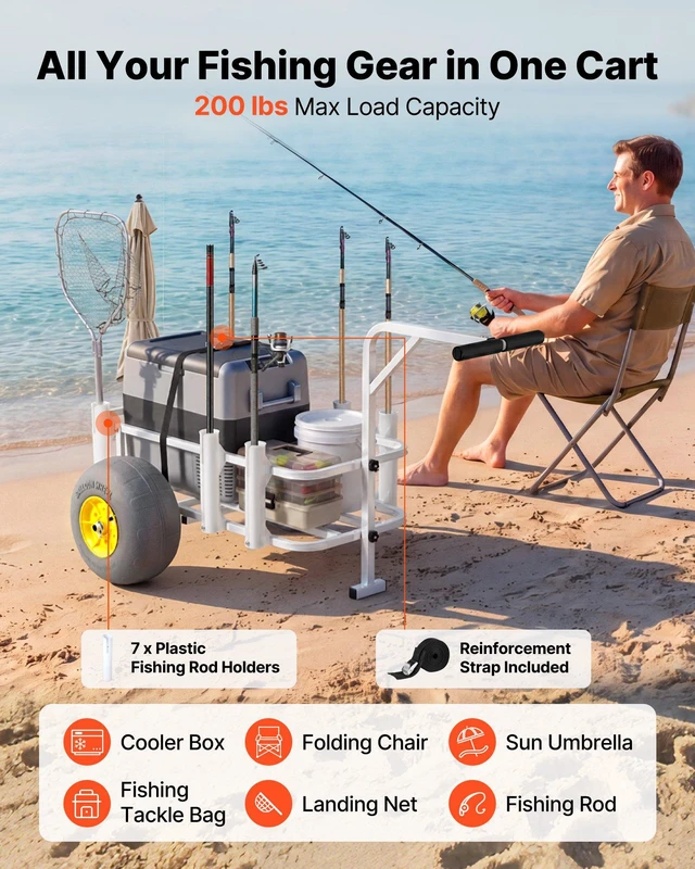 Alt view image 3 of 8 - VEVOR Beach Fishing Cart, 200 lbs Load Capacity, Fishing Cart Wagon with Heavy-Duty Carbon Steel Frame, 13-Inch All-Terrain PU Balloon Tires, 7 Rod Holders, for Outdoor Activities Camping Picnic