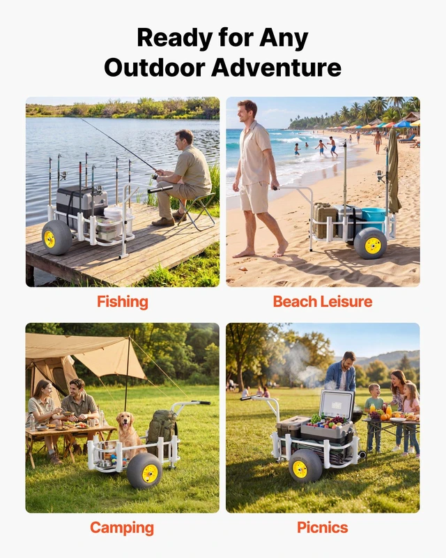 Alt view image 5 of 8 - VEVOR Beach Fishing Cart, 200 lbs Load Capacity, Fishing Cart Wagon with Heavy-Duty Carbon Steel Frame, 13-Inch All-Terrain PU Balloon Tires, 7 Rod Holders, for Outdoor Activities Camping Picnic