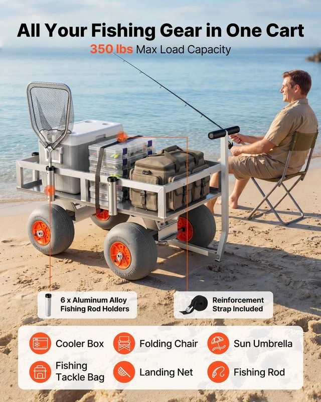 Alt view image 3 of 8 - VEVOR Beach Fishing Cart, 350 lbs Load Capacity, Fishing Cart Wagon with Heavy-Duty Aluminum Alloy Frame, 13-Inch All-Terrain PU Balloon Tires, 6 Rod Holders, for Outdoor Activities Camping Picnic