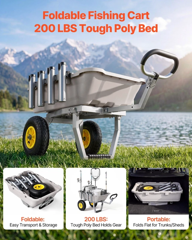 Alt view image 2 of 8 - VEVOR Beach Fishing Cart, 200 lbs Load Capacity, Fishing Cart with Poly Bed, Heavy-Duty Aluminum Alloy Frame, 13-Inch All-Terrain Tires, 8 Rod Holders, Strap, Easy to Clean, for Outdoor Camping Picnic