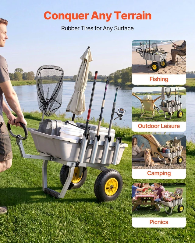Alt view image 6 of 8 - VEVOR Beach Fishing Cart, 200 lbs Load Capacity, Fishing Cart with Poly Bed, Heavy-Duty Aluminum Alloy Frame, 13-Inch All-Terrain Tires, 8 Rod Holders, Strap, Easy to Clean, for Outdoor Camping Picnic