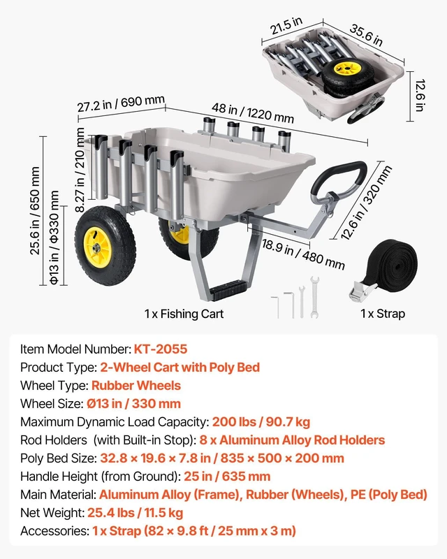 Alt view image 7 of 8 - VEVOR Beach Fishing Cart, 200 lbs Load Capacity, Fishing Cart with Poly Bed, Heavy-Duty Aluminum Alloy Frame, 13-Inch All-Terrain Tires, 8 Rod Holders, Strap, Easy to Clean, for Outdoor Camping Picnic