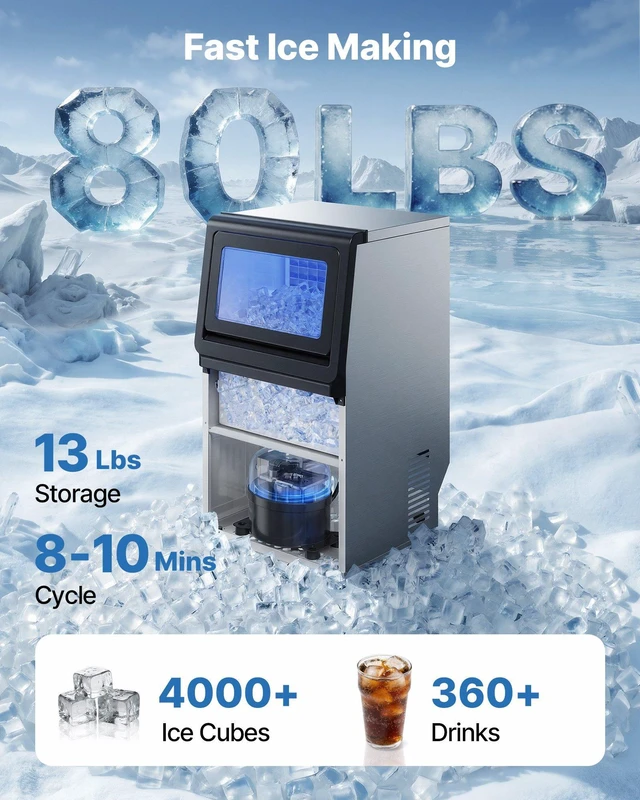 Alt view image 2 of 8 - VEVOR Commercial Ice Maker Machine, 80 lbs/24h with 13 lbs Storage Capacity, Countertop/Freestanding/Under Counter, Stainless Steel Ice Maker with LED Display & Self-Cleaning, for Home Bar Restaurant
