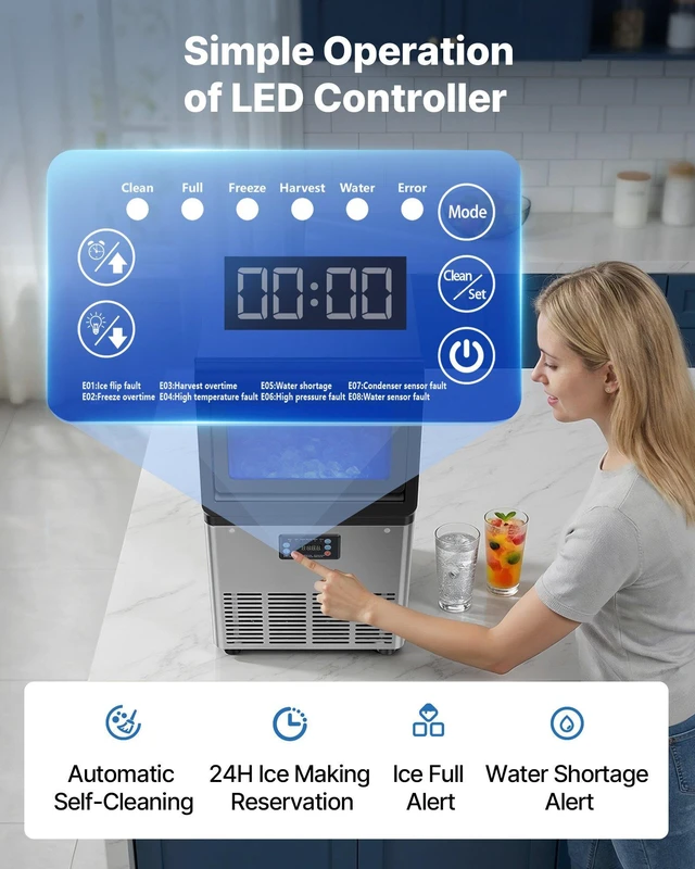 Alt view image 5 of 8 - VEVOR Commercial Ice Maker Machine, 80 lbs/24h with 13 lbs Storage Capacity, Countertop/Freestanding/Under Counter, Stainless Steel Ice Maker with LED Display & Self-Cleaning, for Home Bar Restaurant