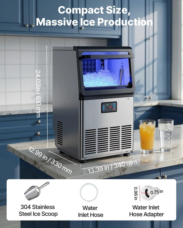 Alt view image 7 of 8 - VEVOR Commercial Ice Maker Machine, 80 lbs/24h with 13 lbs Storage Capacity, Countertop/Freestanding/Under Counter, Stainless Steel Ice Maker with LED Display & Self-Cleaning, for Home Bar Restaurant