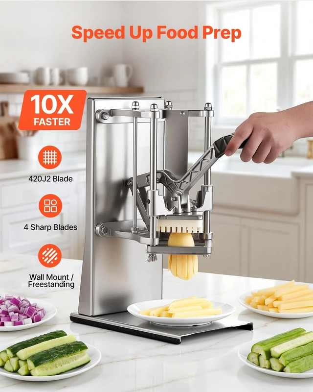 Alt view image 2 of 8 - VEVOR French Fry Cutter, Commercial Vegetable Chopper with 4 Blades - 1/4", 3/8", 6-Wedge Slicer & Apple Corer - Wall Mount Stainless Steel Potato Cutter, for Home & Restaurant Use