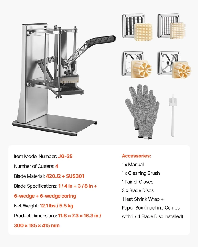 Alt view image 7 of 8 - VEVOR French Fry Cutter, Commercial Vegetable Chopper with 4 Blades - 1/4", 3/8", 6-Wedge Slicer & Apple Corer - Wall Mount Stainless Steel Potato Cutter, for Home & Restaurant Use