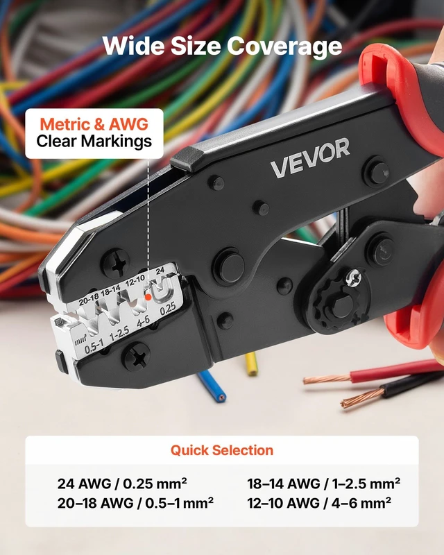 Alt view image 2 of 8 - VEVOR Crimping Tool, 24-10 AWG Ratcheting Wire Crimper Tool, Labor-Saving Electrical Terminal Crimp Pliers with Clear Metric & AWG Markings, Quick Release, Adjustable Pressure for Multiple Terminals