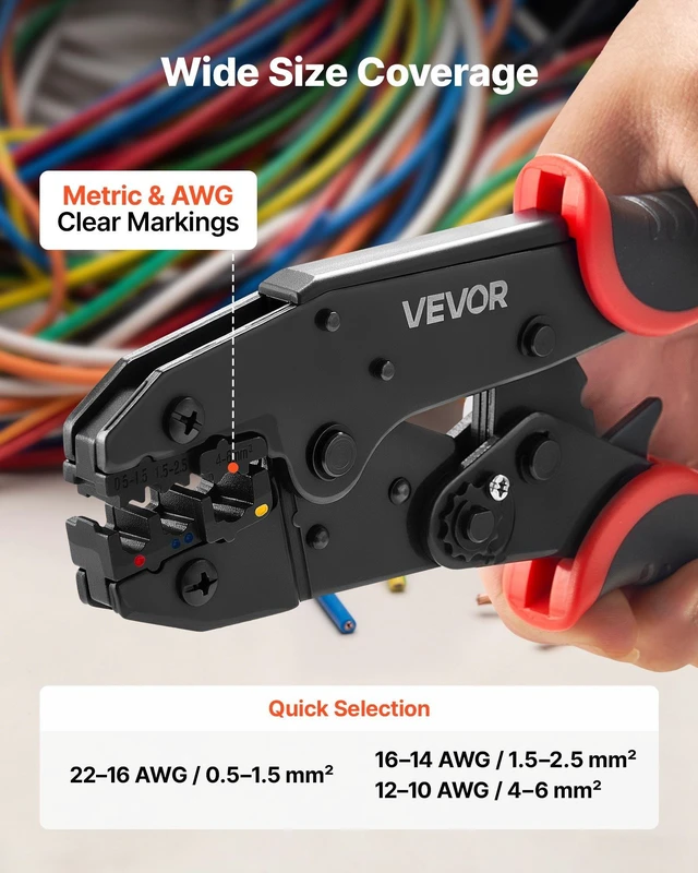 Alt view image 2 of 8 - VEVOR Crimping Tool, 22-10 AWG Ratcheting Wire Crimper Tool, Labor-Saving Electrical Terminal Crimp Pliers with Clear Metric & AWG Markings, Quick Release, Adjustable Force for Multiple Terminals