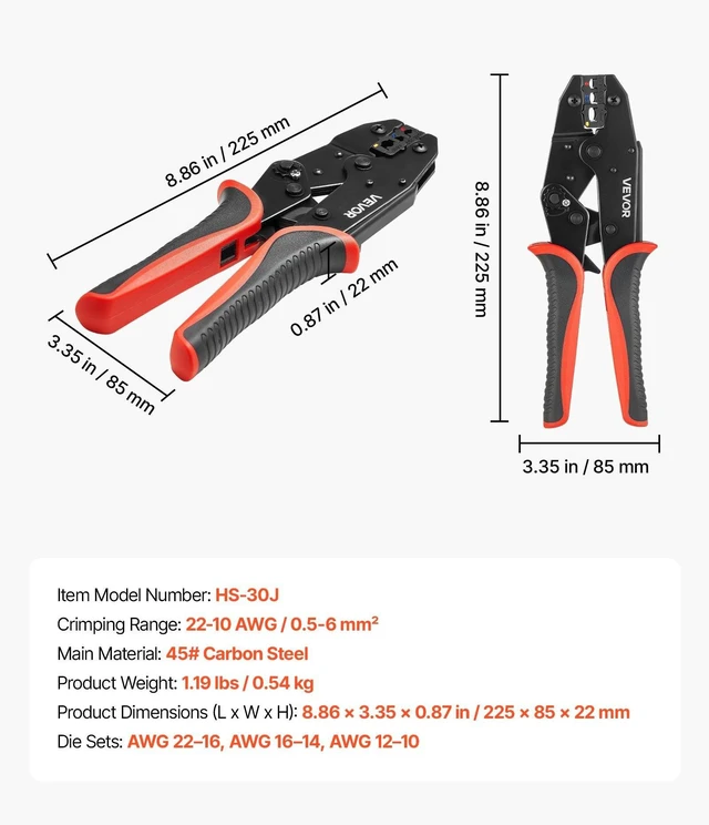 Alt view image 7 of 8 - VEVOR Crimping Tool, 22-10 AWG Ratcheting Wire Crimper Tool, Labor-Saving Electrical Terminal Crimp Pliers with Clear Metric & AWG Markings, Quick Release, Adjustable Force for Multiple Terminals
