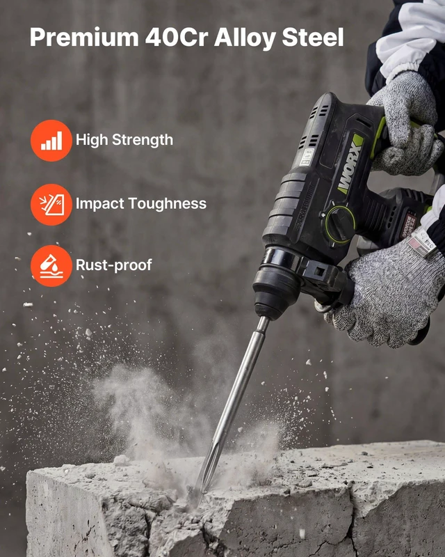 Alt view image 4 of 8 - VEVOR SDS Plus Chisel Set, 3 pcs SDS Plus Rotary Hammer Drill Attachments, Includes Point, Flat, & Angled Spade Chisels, Heat Treated 40Cr Alloy Steel, Sharp Edge for Demolition, Concrete and Brick