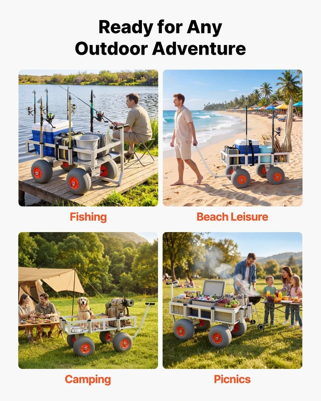 Alt view image 5 of 8 - VEVOR Beach Fishing Cart, 350 lbs Load Capacity, Fishing Cart Wagon with Heavy-Duty Aluminum Alloy Frame, 13-Inch All-Terrain PU Balloon Tires, 6 Rod Holders, for Outdoor Activities Camping Picnic