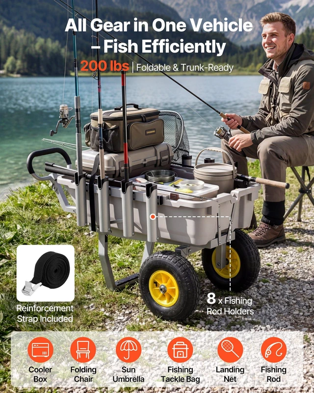 Alt view image 4 of 8 - VEVOR Beach Fishing Cart, 200 lbs Load Capacity, Fishing Cart with Poly Bed, Heavy-Duty Aluminum Alloy Frame, 13-Inch All-Terrain Tires, 8 Rod Holders, Strap, Easy to Clean, for Outdoor Camping Picnic