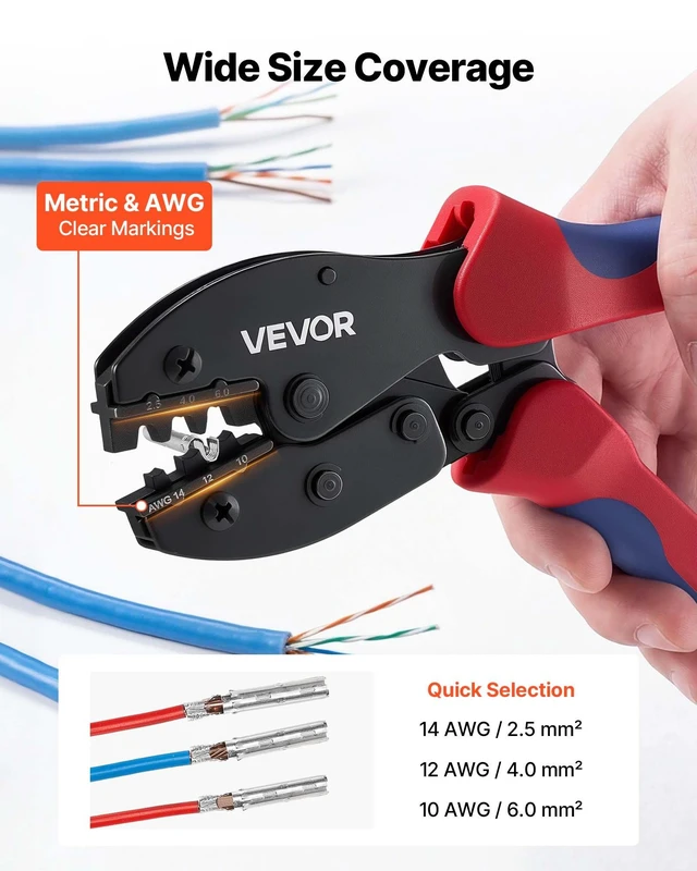Alt view image 2 of 8 - VEVOR Crimping Tool, 14-10 AWG Ratcheting Solar Connector Crimper Tool Kit, Clear Metric & AWG Markings, with 10 Pairs Solar Connectors, 10 Pairs of Cable Connectors, Wrenches, and a Storage Case