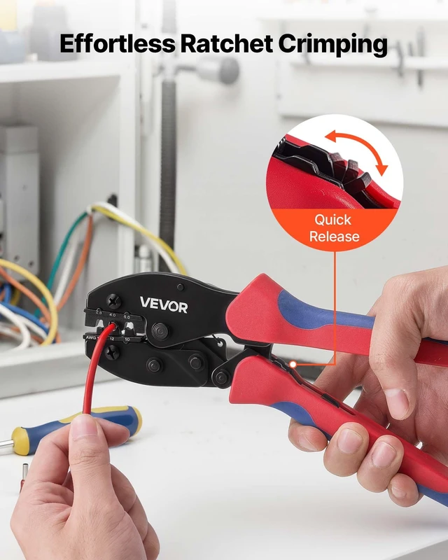 Alt view image 3 of 8 - VEVOR Crimping Tool, 14-10 AWG Ratcheting Solar Connector Crimper Tool Kit, Clear Metric & AWG Markings, with 10 Pairs Solar Connectors, 10 Pairs of Cable Connectors, Wrenches, and a Storage Case
