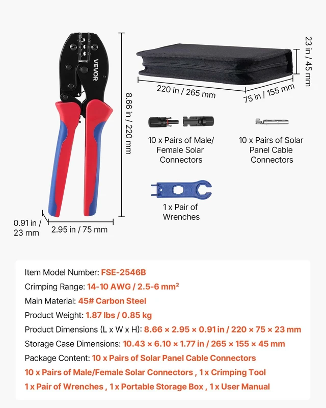 Alt view image 7 of 8 - VEVOR Crimping Tool, 14-10 AWG Ratcheting Solar Connector Crimper Tool Kit, Clear Metric & AWG Markings, with 10 Pairs Solar Connectors, 10 Pairs of Cable Connectors, Wrenches, and a Storage Case
