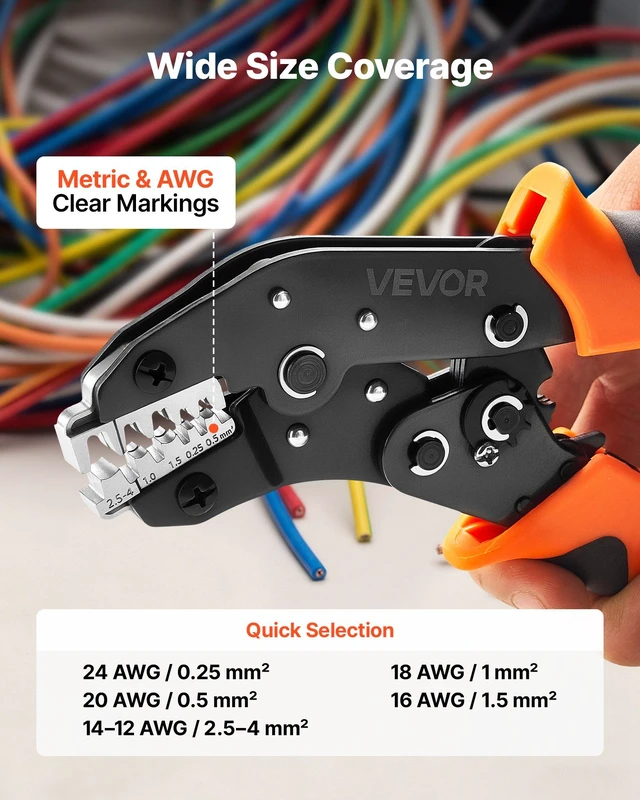 Alt view image 2 of 8 - VEVOR Crimping Tool, 24-12 AWG Ratcheting Wire Crimper Tool, Labor-Saving Electrical Terminal Crimp Pliers with Clear Metric & AWG Markings, Quick Release, Adjustable Pressure for Multiple Terminals