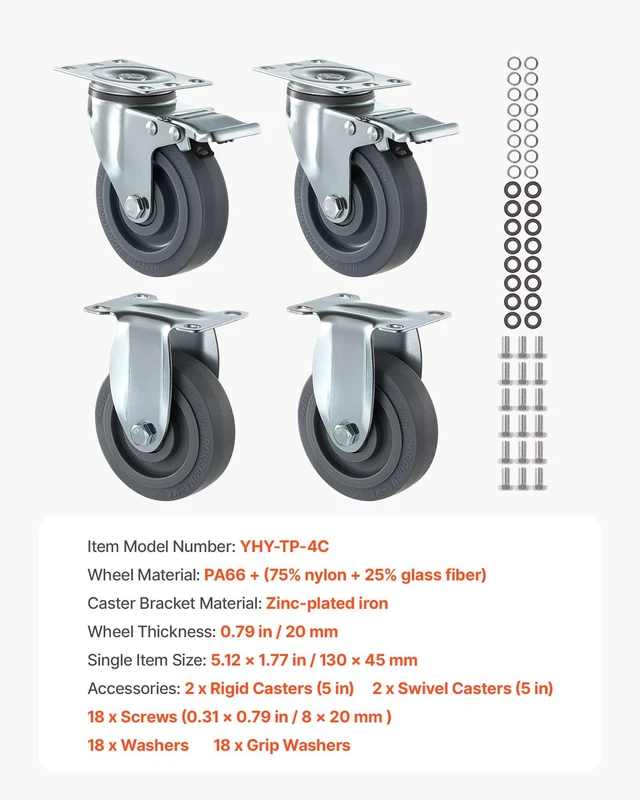 Alt view image 7 of 8 - VEVOR Caster Wheels, 5 Inch Heavy Duty Casters, Compatible with VEVOR Insulated Food Pan Carrier, Set of 4 (2 Swivel with Brake, 2 Rigid)