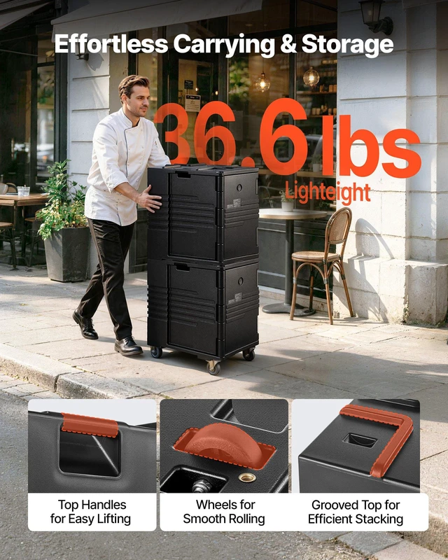 Alt view image 5 of 8 - VEVOR Insulated Food Pan Carrier, 95 Qt Non-Electrical Food Warmer, with Wheel & 304 Stainless Steel Latch, LLDPE Stackable Hot Box, for Various Pan Sizes(NOT Included), Fit Catering BBQ Event(Black)