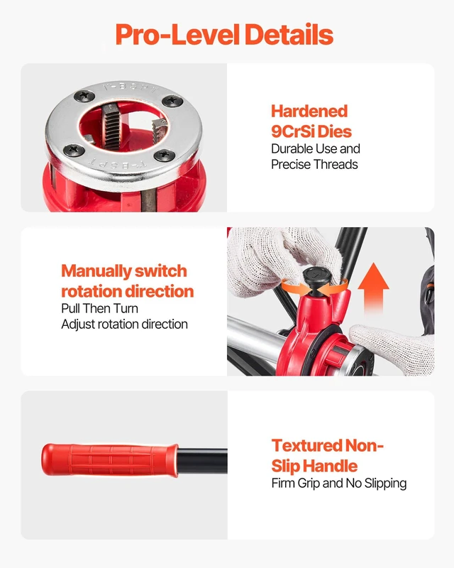 Alt view image 6 of 8 - VEVOR Ratchet Pipe Threader Kit with 3 Dies, 1/2" BSPT, 3/4" BSPT, 1" BSPT Manual Ratcheting Pipe Threading Tool, Portable Pipes Threader Set with Toolbox for Plumbing Installation & Repair