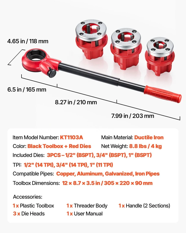 Alt view image 7 of 8 - VEVOR Ratchet Pipe Threader Kit with 3 Dies, 1/2" BSPT, 3/4" BSPT, 1" BSPT Manual Ratcheting Pipe Threading Tool, Portable Pipes Threader Set with Toolbox for Plumbing Installation & Repair