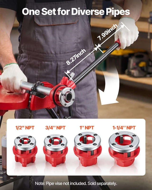 Alt view image 2 of 8 - VEVOR Ratchet Pipe Threader Kit with 4 Dies, 1/2" NPT, 3/4" NPT, 1" NPT, 1-1/4" NPT Manual Ratcheting Pipe Threading Tool, Portable Pipes Threader Set with Toolbox for Plumbing Installation & Repair