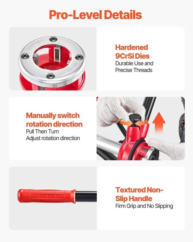 Alt view image 6 of 8 - VEVOR Ratchet Pipe Threader Kit with 4 Dies, 1/2" NPT, 3/4" NPT, 1" NPT, 1-1/4" NPT Manual Ratcheting Pipe Threading Tool, Portable Pipes Threader Set with Toolbox for Plumbing Installation & Repair