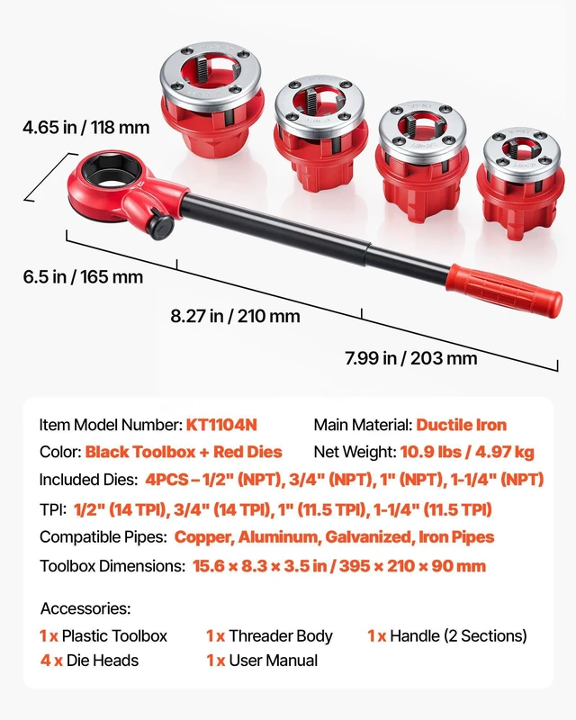 Alt view image 7 of 8 - VEVOR Ratchet Pipe Threader Kit with 4 Dies, 1/2" NPT, 3/4" NPT, 1" NPT, 1-1/4" NPT Manual Ratcheting Pipe Threading Tool, Portable Pipes Threader Set with Toolbox for Plumbing Installation & Repair