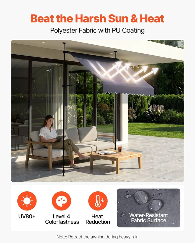 Alt view image 3 of 8 - VEVOR Manual Retractable Awning, 59" Outdoor Retractable Patio Awning Sunshade Shelter, Height Adjustable Patio Door Window Canopy with Manual Crank Handle for Backyard, Garden, Balcony, Dark Gray
