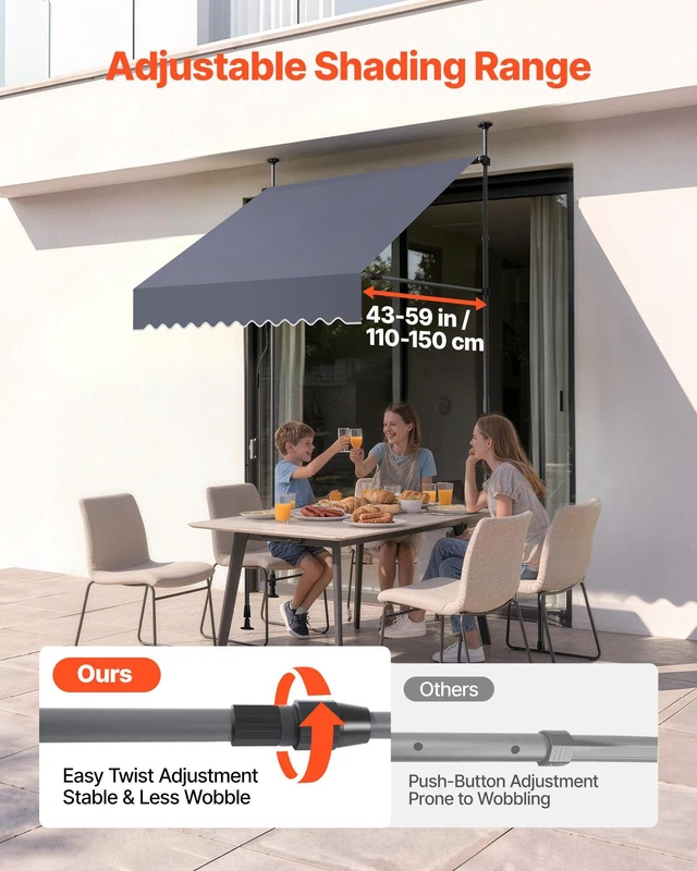 Alt view image 4 of 8 - VEVOR Manual Retractable Awning, 59" Outdoor Retractable Patio Awning Sunshade Shelter, Height Adjustable Patio Door Window Canopy with Manual Crank Handle for Backyard, Garden, Balcony, Dark Gray
