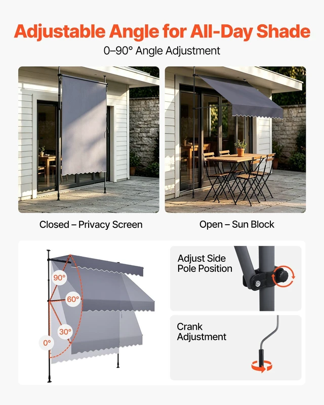 Alt view image 5 of 8 - VEVOR Manual Retractable Awning, 59" Outdoor Retractable Patio Awning Sunshade Shelter, Height Adjustable Patio Door Window Canopy with Manual Crank Handle for Backyard, Garden, Balcony, Dark Gray