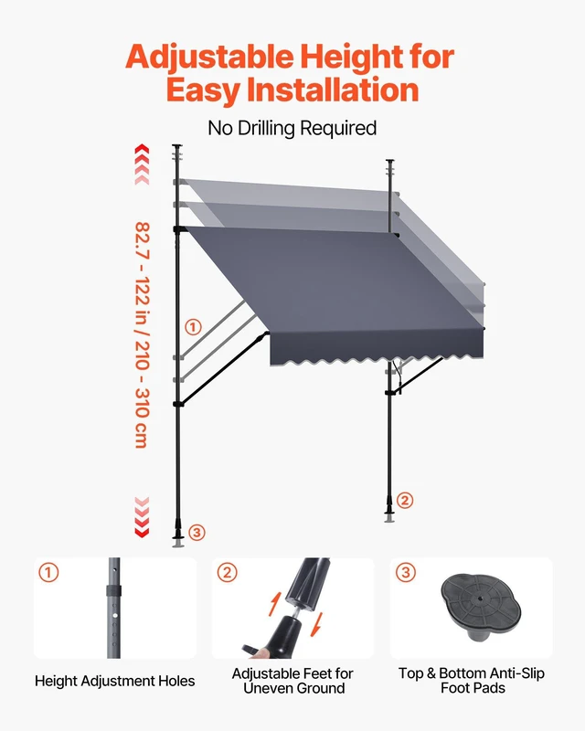 Alt view image 7 of 8 - VEVOR Manual Retractable Awning, 59" Outdoor Retractable Patio Awning Sunshade Shelter, Height Adjustable Patio Door Window Canopy with Manual Crank Handle for Backyard, Garden, Balcony, Dark Gray