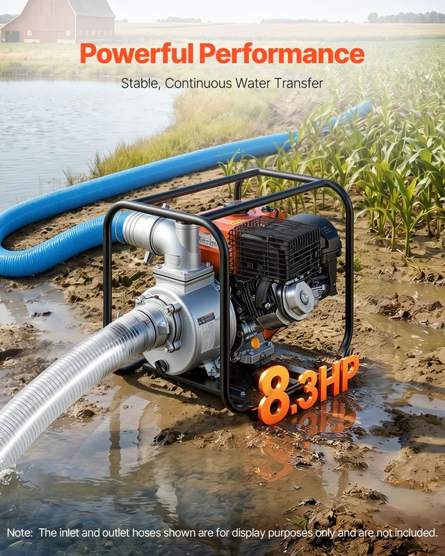 Alt view image 2 of 8 - VEVOR Gas Powered Water Pump, 4 in, 422 GPM 8.3HP Semi Trash Water Transfer Pump Portable, Gasoline Engine with 25 ft Discharge Hose, Heavy Duty Frame, Cast Iron Impeller, for Irrigation, Ponds, Pools