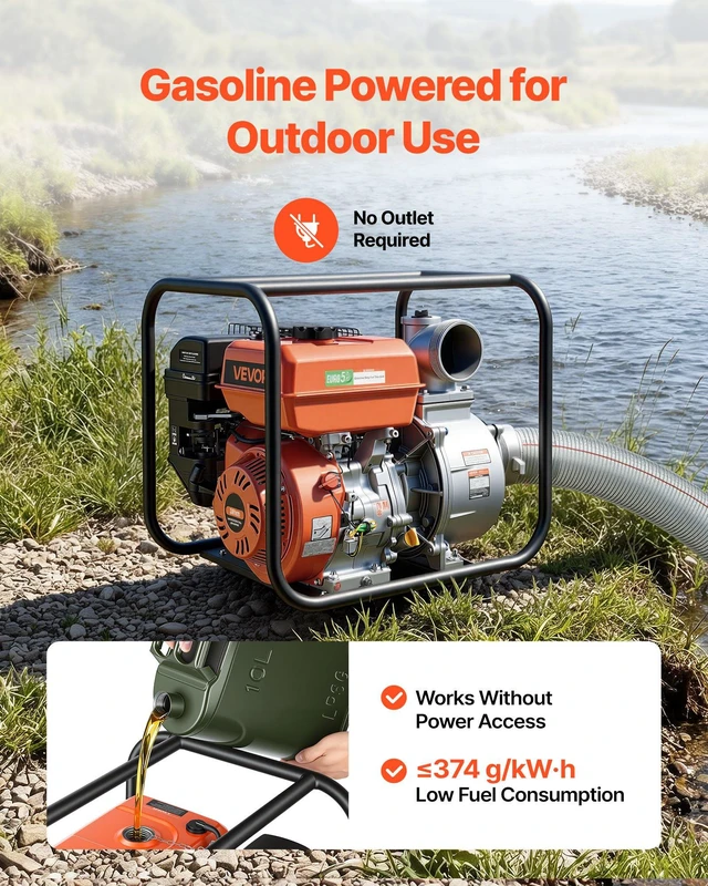 Alt view image 4 of 8 - VEVOR Gas Powered Water Pump, 4 in, 422 GPM 8.3HP Semi Trash Water Transfer Pump Portable, Gasoline Engine with 25 ft Discharge Hose, Heavy Duty Frame, Cast Iron Impeller, for Irrigation, Ponds, Pools