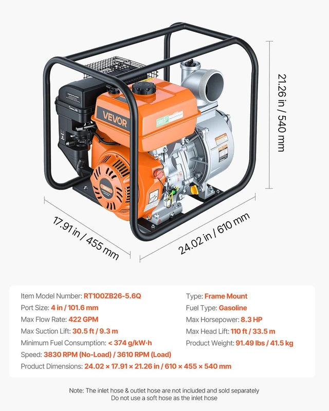 Alt view image 7 of 8 - VEVOR Gas Powered Water Pump, 4 in, 422 GPM 8.3HP Semi Trash Water Transfer Pump Portable, Gasoline Engine with 25 ft Discharge Hose, Heavy Duty Frame, Cast Iron Impeller, for Irrigation, Ponds, Pools