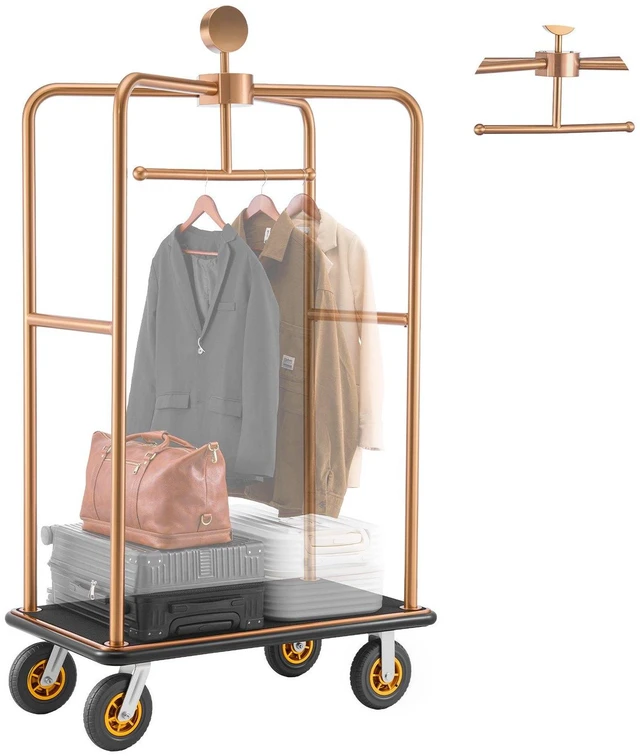 Main image of VEVOR Hotel Luggage Cart, 1200 lbs Heavy Duty Bellman Cart with Stainless Steel Frame, 8 in Rubber Wheels, Black Carpeted Deck, Commercial Luggage Carrier Rolling Trolley for Hotels,Resorts, Rose Gold