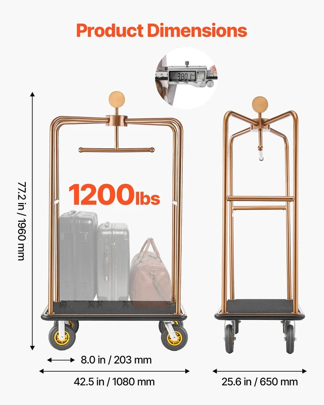 Alt view image 3 of 8 - VEVOR Hotel Luggage Cart, 1200 lbs Heavy Duty Bellman Cart with Stainless Steel Frame, 8 in Rubber Wheels, Black Carpeted Deck, Commercial Luggage Carrier Rolling Trolley for Hotels,Resorts, Rose Gold
