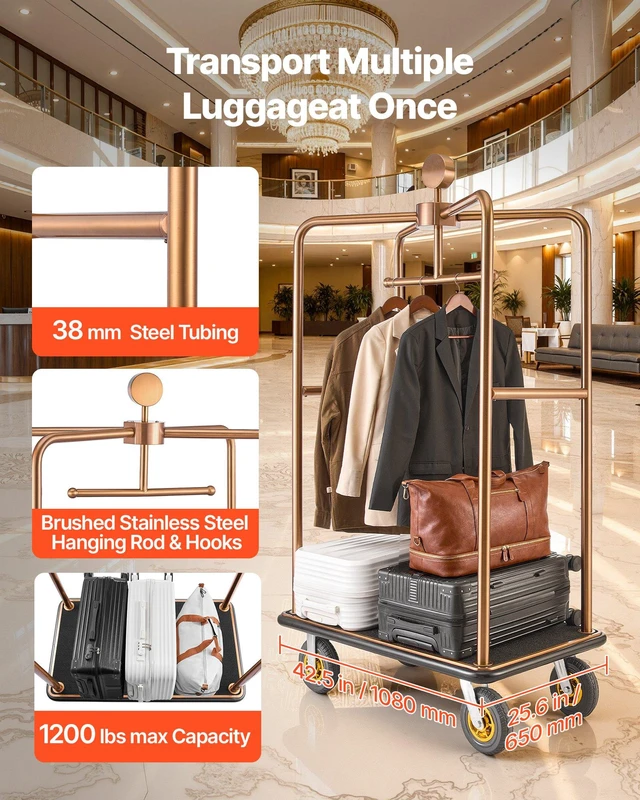 Alt view image 2 of 8 - VEVOR Hotel Luggage Cart, 1200 lbs Heavy Duty Bellman Cart with Stainless Steel Frame, 8 in Rubber Wheels, Black Carpeted Deck, Commercial Luggage Carrier Rolling Trolley for Hotels,Resorts, Rose Gold