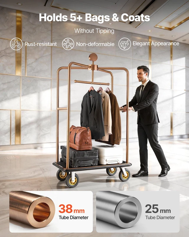 Alt view image 5 of 8 - VEVOR Hotel Luggage Cart, 1200 lbs Heavy Duty Bellman Cart with Stainless Steel Frame, 8 in Rubber Wheels, Black Carpeted Deck, Commercial Luggage Carrier Rolling Trolley for Hotels,Resorts, Rose Gold