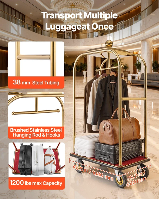 Alt view image 2 of 8 - VEVOR Hotel Luggage Cart, 1200 lbs Heavy Duty Bellman Cart with Stainless Steel Frame, 8 in Rubber Wheels, Red Carpeted Deck, Commercial Luggage Carrier Rolling Trolley for Hotels, Resorts, Gold