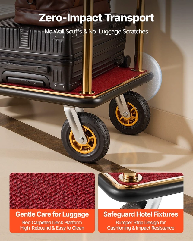 Alt view image 6 of 8 - VEVOR Hotel Luggage Cart, 1200 lbs Heavy Duty Bellman Cart with Stainless Steel Frame, 8 in Rubber Wheels, Red Carpeted Deck, Commercial Luggage Carrier Rolling Trolley for Hotels, Resorts, Gold