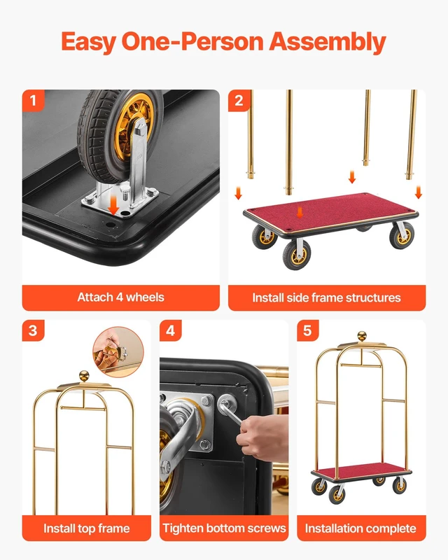 Alt view image 7 of 8 - VEVOR Hotel Luggage Cart, 1200 lbs Heavy Duty Bellman Cart with Stainless Steel Frame, 8 in Rubber Wheels, Red Carpeted Deck, Commercial Luggage Carrier Rolling Trolley for Hotels, Resorts, Gold