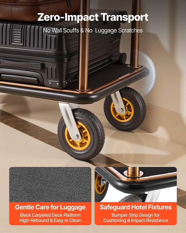 Alt view image 6 of 8 - VEVOR Hotel Luggage Cart, 1200 lbs Heavy Duty Bellman Cart with Stainless Steel Frame, 8 in Rubber Wheels, Black Carpeted Deck, Commercial Luggage Carrier Rolling Trolley for Hotels,Resorts, Rose Gold
