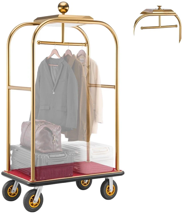 Main image of VEVOR Hotel Luggage Cart, 1200 lbs Heavy Duty Bellman Cart with Stainless Steel Frame, 8 in Rubber Wheels, Red Carpeted Deck, Commercial Luggage Carrier Rolling Trolley for Hotels, Resorts, Gold
