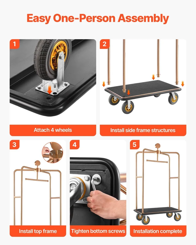 Alt view image 7 of 8 - VEVOR Hotel Luggage Cart, 1200 lbs Heavy Duty Bellman Cart with Stainless Steel Frame, 8 in Rubber Wheels, Black Carpeted Deck, Commercial Luggage Carrier Rolling Trolley for Hotels,Resorts, Rose Gold